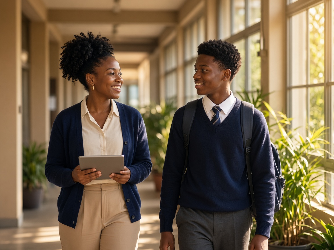 Teacher and student smiling in class