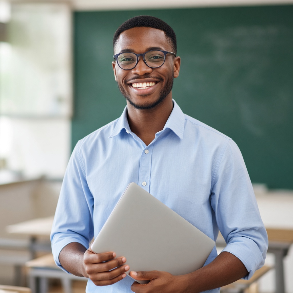 Teacher holding a laptop in a classroom